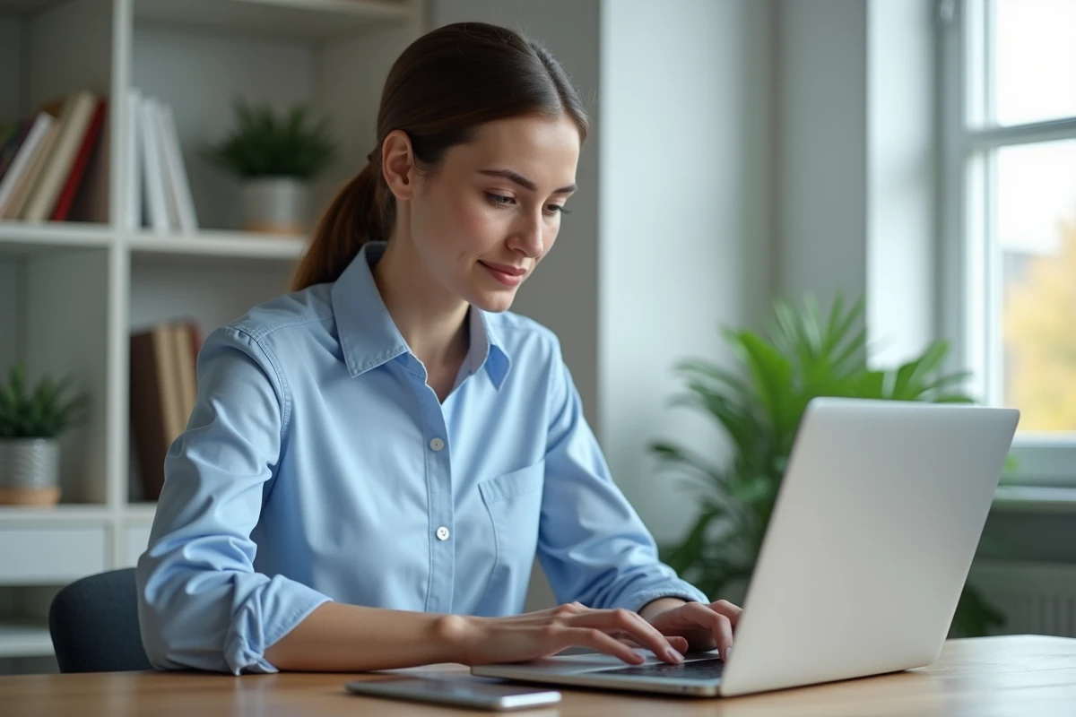 Femme en train d'envoyer un email au support Avast depuis son bureau à domicile