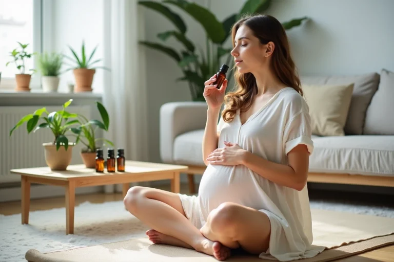 Femme enceinte sentant une huile essentielle dans un salon naturel et lumineux