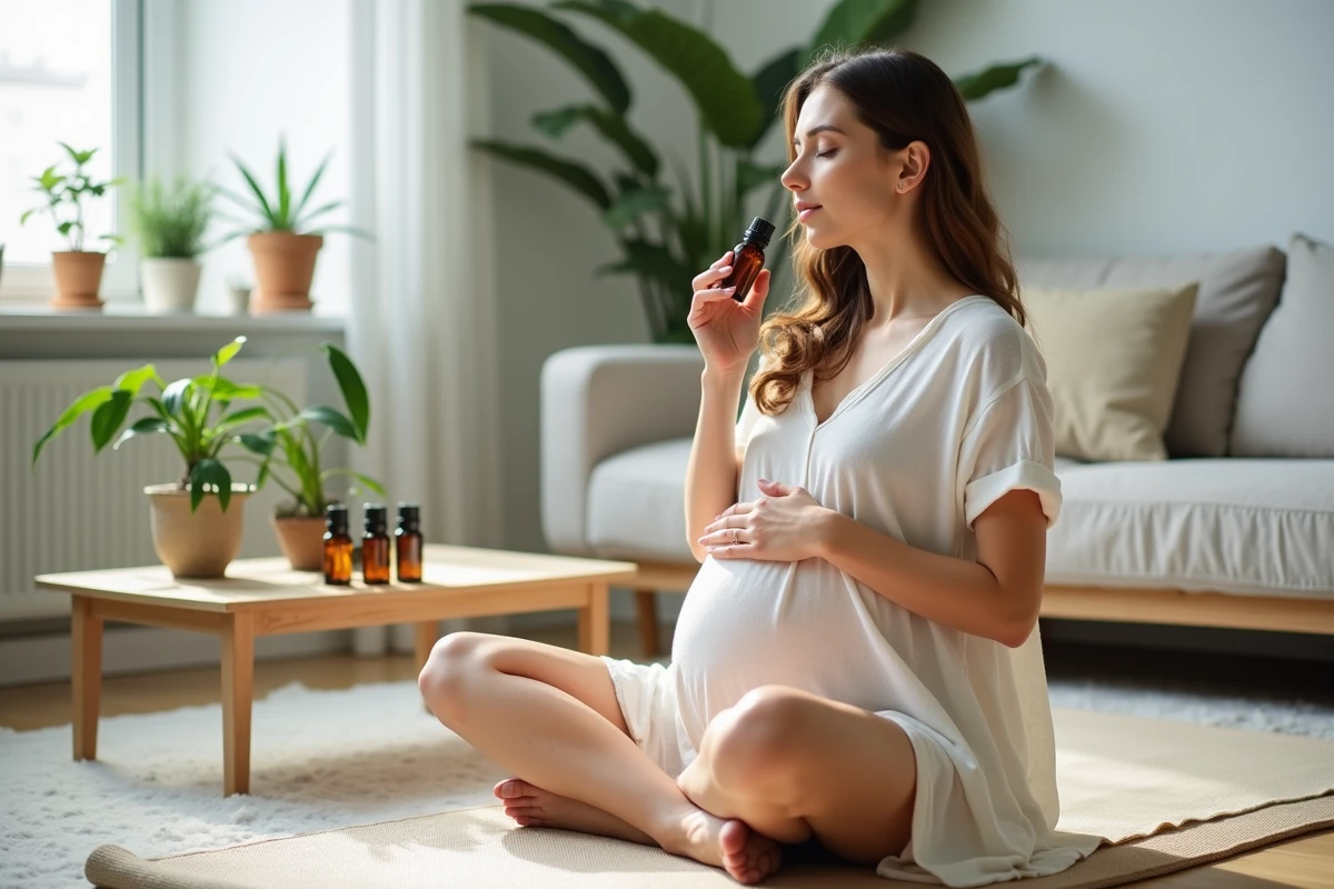 Femme enceinte sentant une huile essentielle dans un salon naturel et lumineux