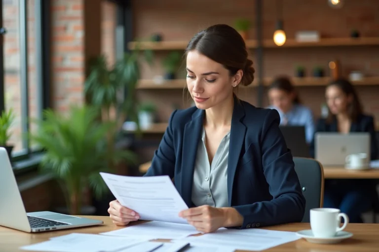 Femme entrepreneur en blazer marine qui examine des dossiers de demande de subvention dans un espace de coworking moderne