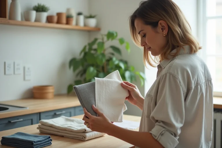 Femme compare deux tissus en linen dans sa cuisine lumineuse