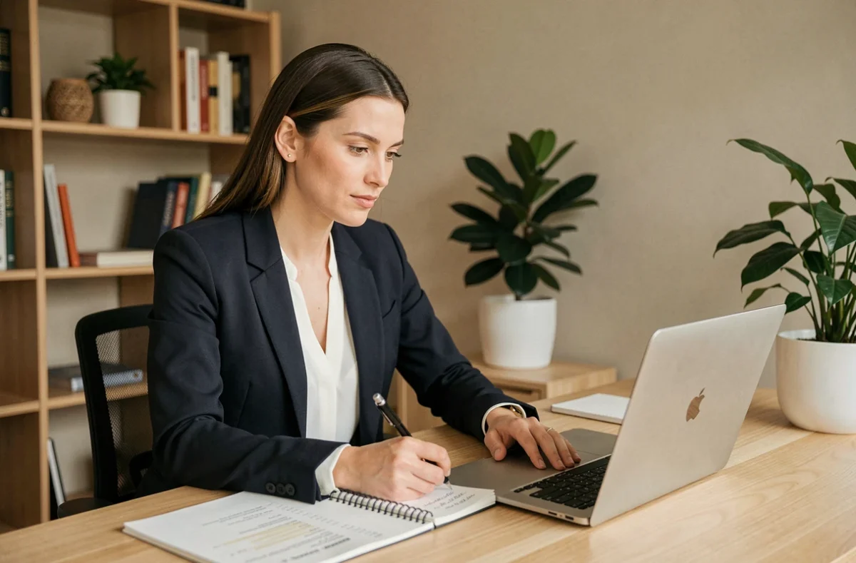 Femme professionnelle suivant une formation en ligne pour booster son business depuis son bureau à domicile