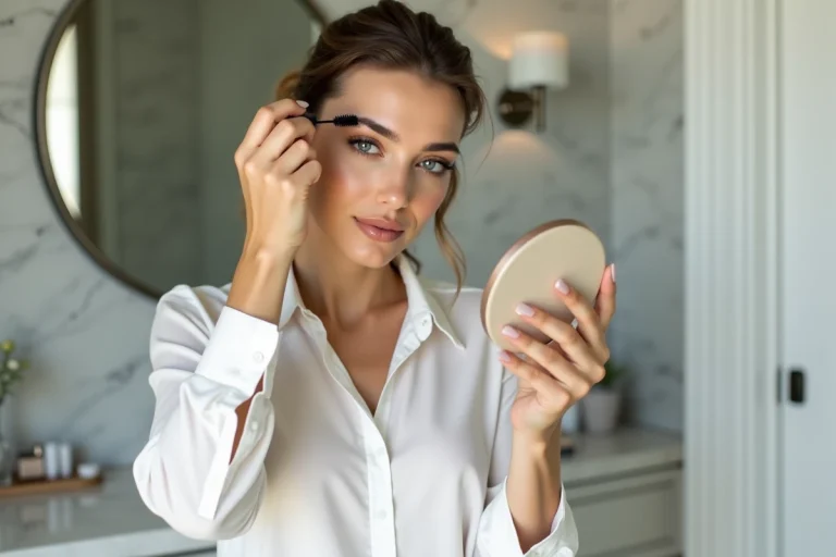 Femme appliquant du mascara dans sa salle de bain élégante
