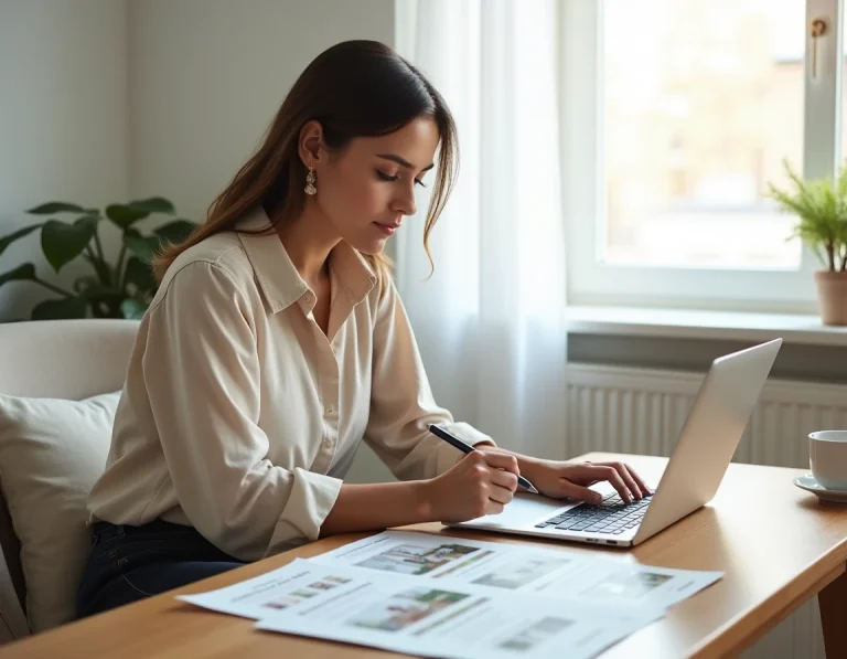 Femme cherchant un logement adapté sur son ordinateur avec des annonces immobilières imprimées sur une table en bois