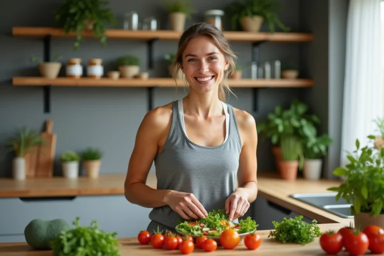 Femme souriante préparant une salade colorée dans une cuisine moderne