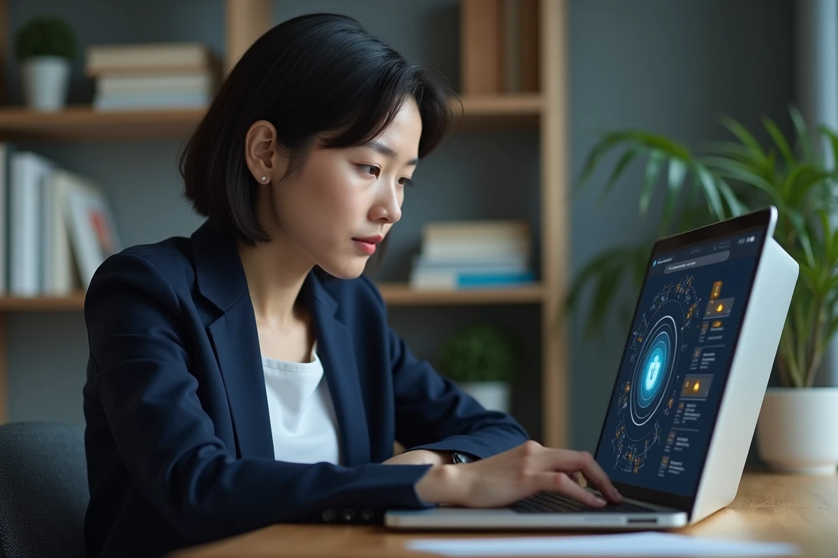 Femme professionnelle vérifiant les paramètres de sécurité en ligne sur un ordinateur portable dans un bureau à domicile minimaliste