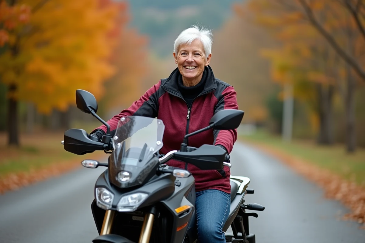 Femme senior souriante assise sur une moto trail légère sur une route de campagne entourée d'arbres en automne