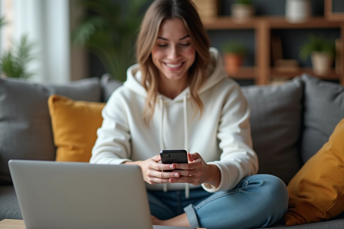 Jeune femme rédigeant un email au service client Avast depuis son smartphone dans un salon