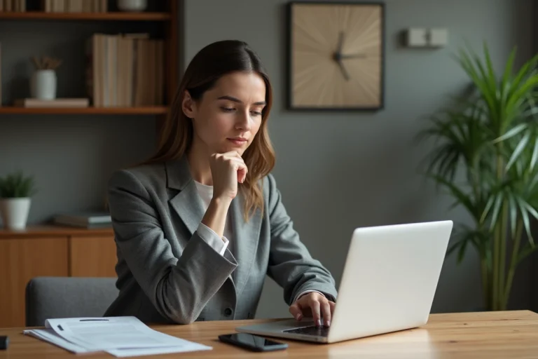 Femme concentrée travaillant sur son ordinateur dans un bureau moderne