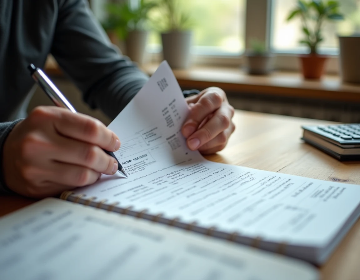 Gros plan de mains tenant un bulletin de salaire et un stylo pour calculer le solde de tout compte avant la retraite