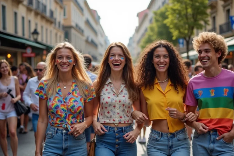 Groupe d'amis joyeux lors de la Pride à Lyon en 2026