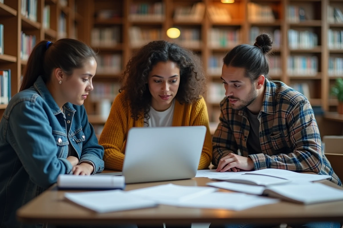 Groupe de jeunes adultes discutant de bonnes pratiques de cybersécurité autour d'un ordinateur portable dans une bibliothèque universitaire