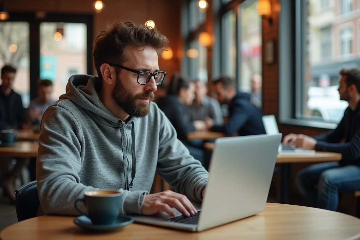 Homme consultant les paramètres de confidentialité sur smartphone et ordinateur dans un café urbain moderne