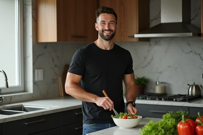 Homme en cuisine préparant une salade avec sourire naturel
