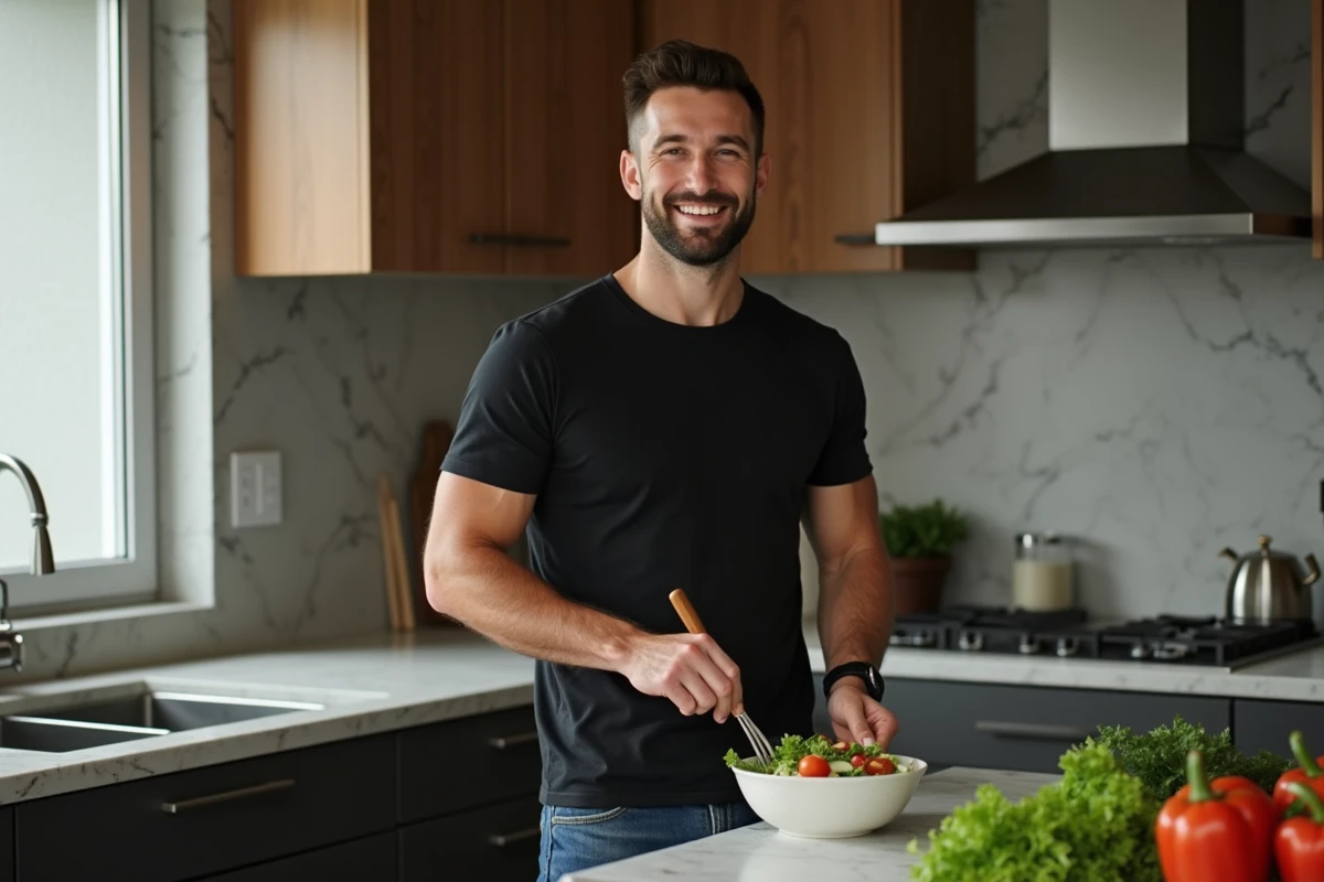 Homme en cuisine préparant une salade avec sourire naturel