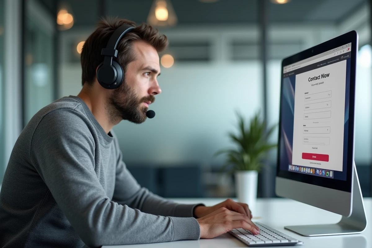 Homme consultant un formulaire de contact du support Avast sur un ordinateur de bureau en open space