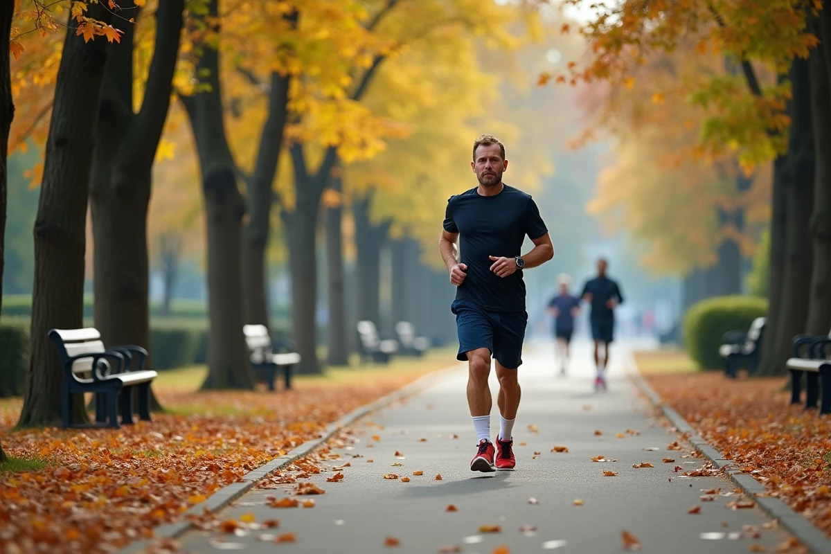 Homme courant dans un parc urbain en automne