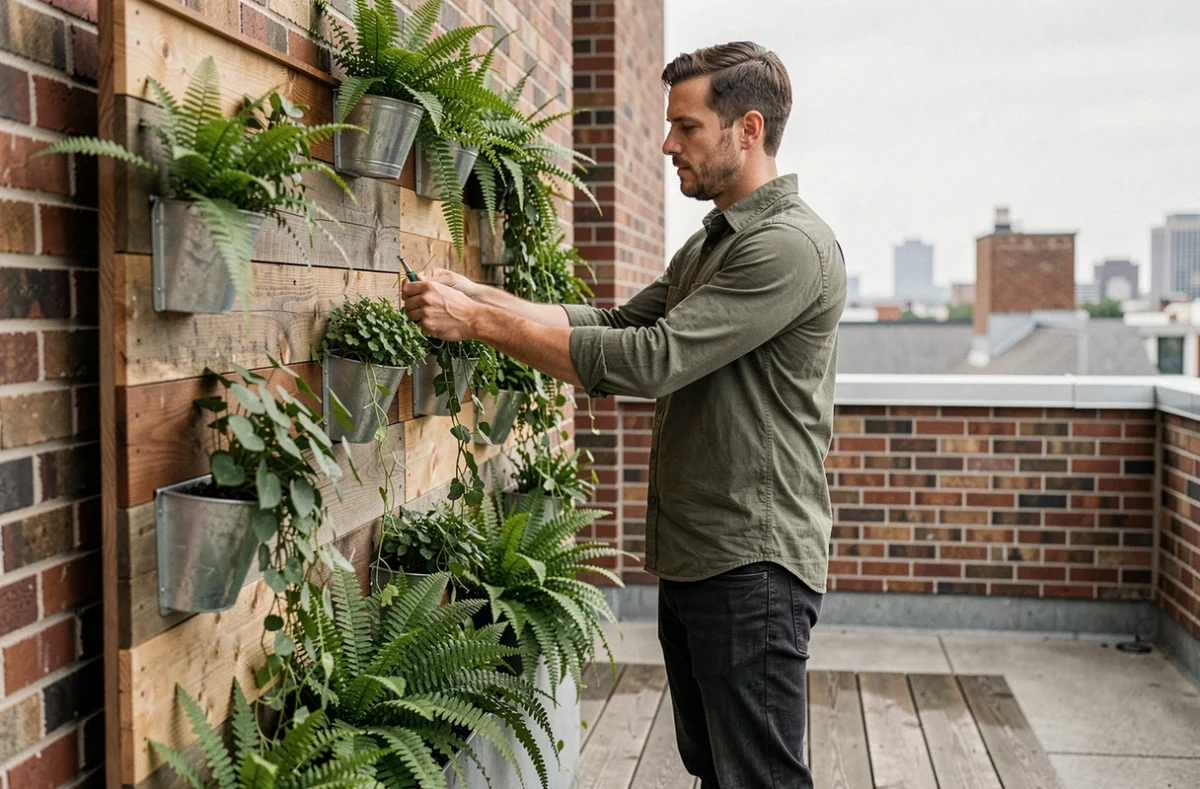 Homme installant un mur végétal vertical sur une terrasse urbaine avec des plantes retombantes et des jardinières en métal