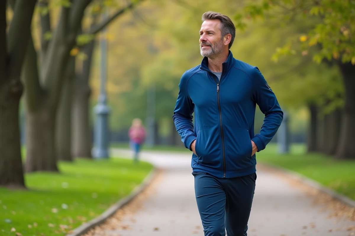 Homme en jogging marchant dans un parc urbain verdoyant