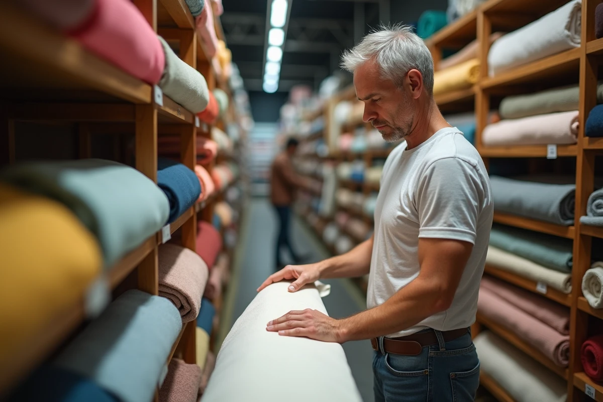 Homme explore rouleaux de tissu dans une boutique textile animée