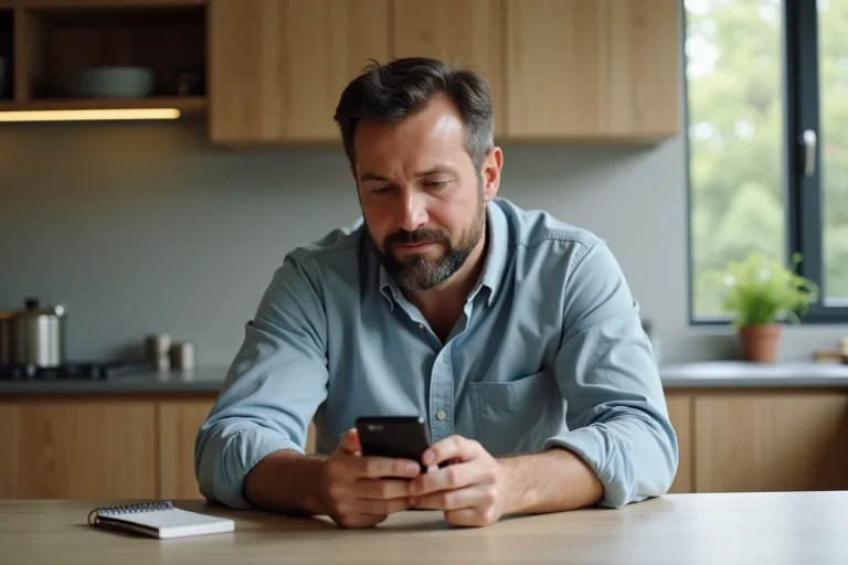 Homme d'âge moyen utilisant son smartphone dans une cuisine moderne