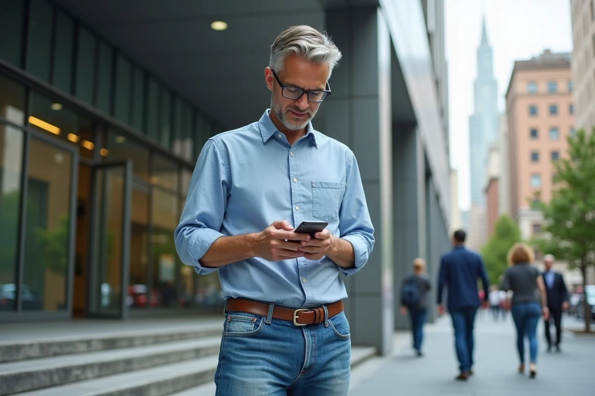 Homme utilisant son smartphone devant un bâtiment de bureau contemporain