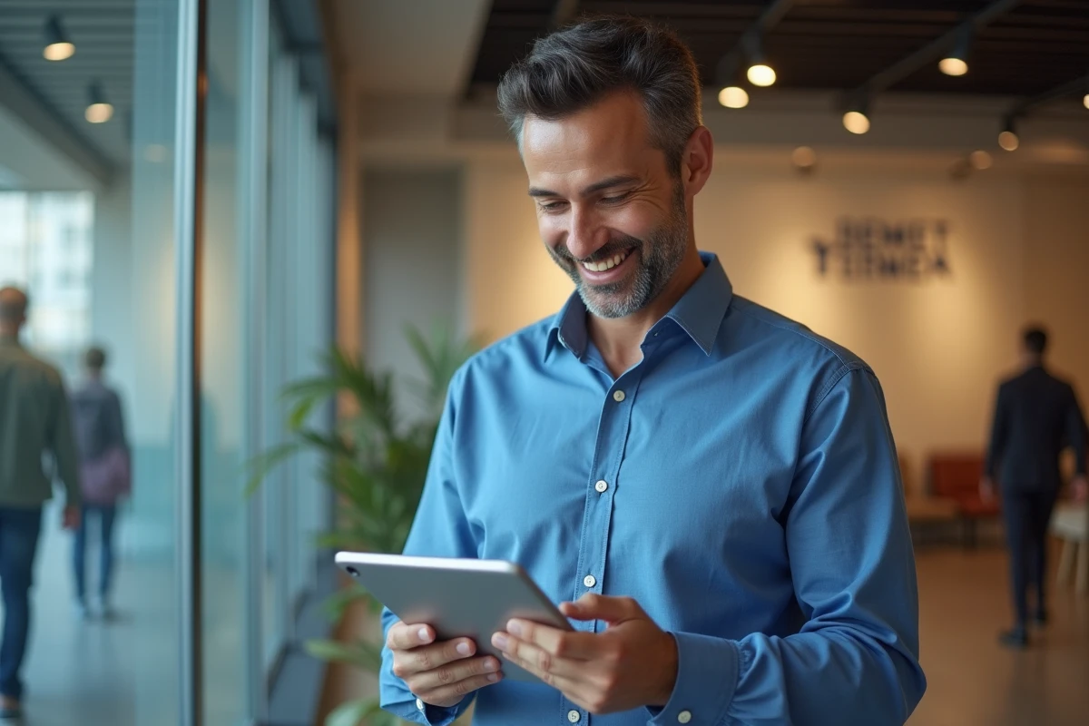 Homme souriant configure son webmail dans un hall d
