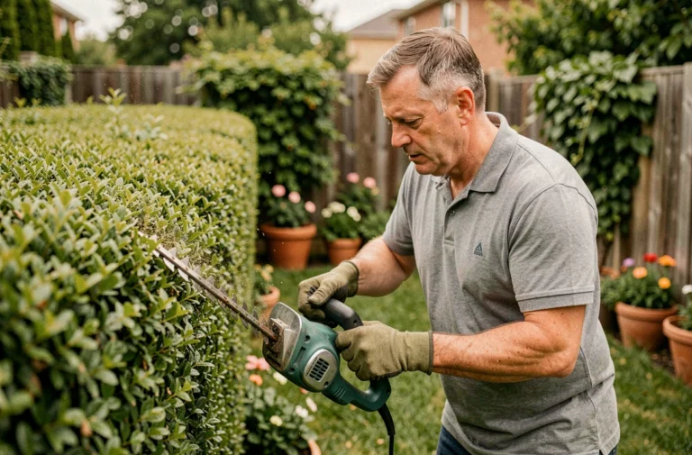 Homme utilisant un taille-haie électrique pour tailler une haie de buis dans un jardin soigné