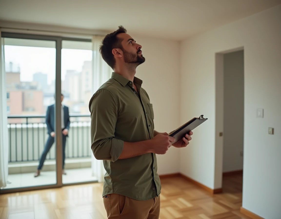 Homme visitant un appartement vide avec une liste de vérification lors d'une visite immobilière
