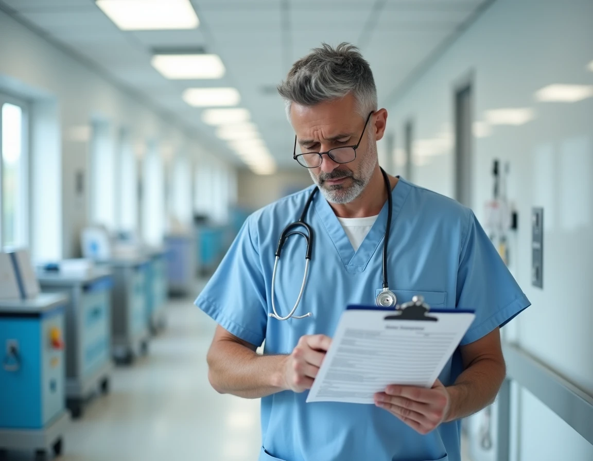 Infirmier en blouse bleue consultant un document de classification salariale CCN 51 dans un couloir d'hôpital