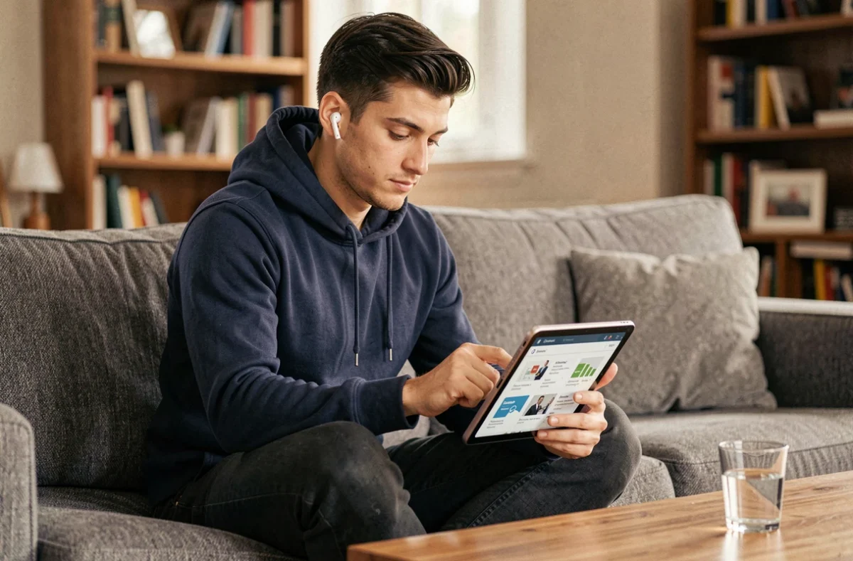 Jeune entrepreneur apprenant le marketing digital via une plateforme e-learning sur tablette dans son salon