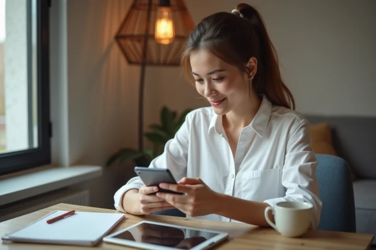 Jeune femme configure un webmail sur son smartphone à la maison