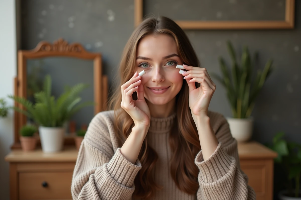 Jeune femme souriante appliquant du mascara dans son vanity chaleureux