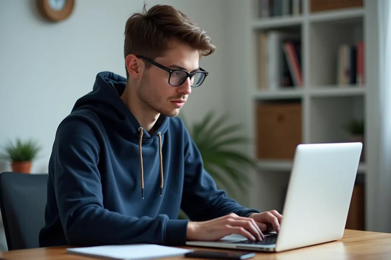 Jeune homme en hoodie bleu travaillant sur un laptop dans un bureau moderne