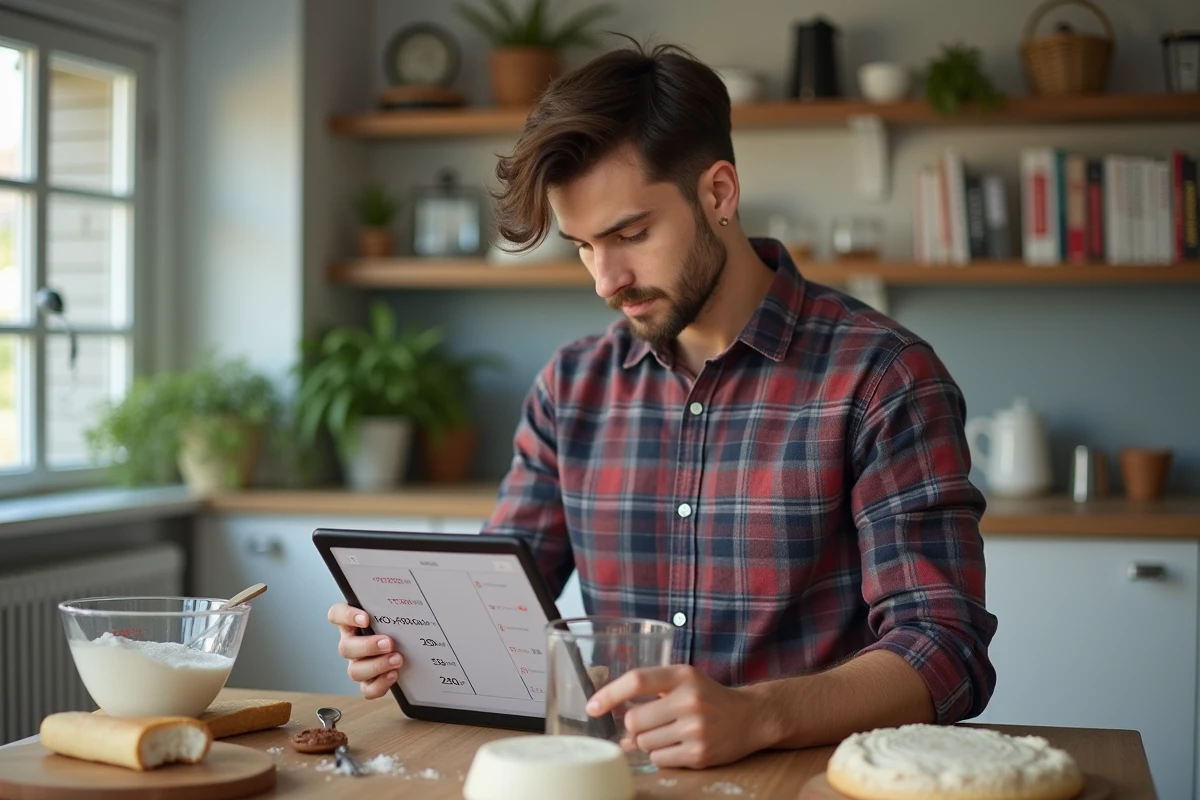 Jeune homme examinant un tableau de conversion en cuisine