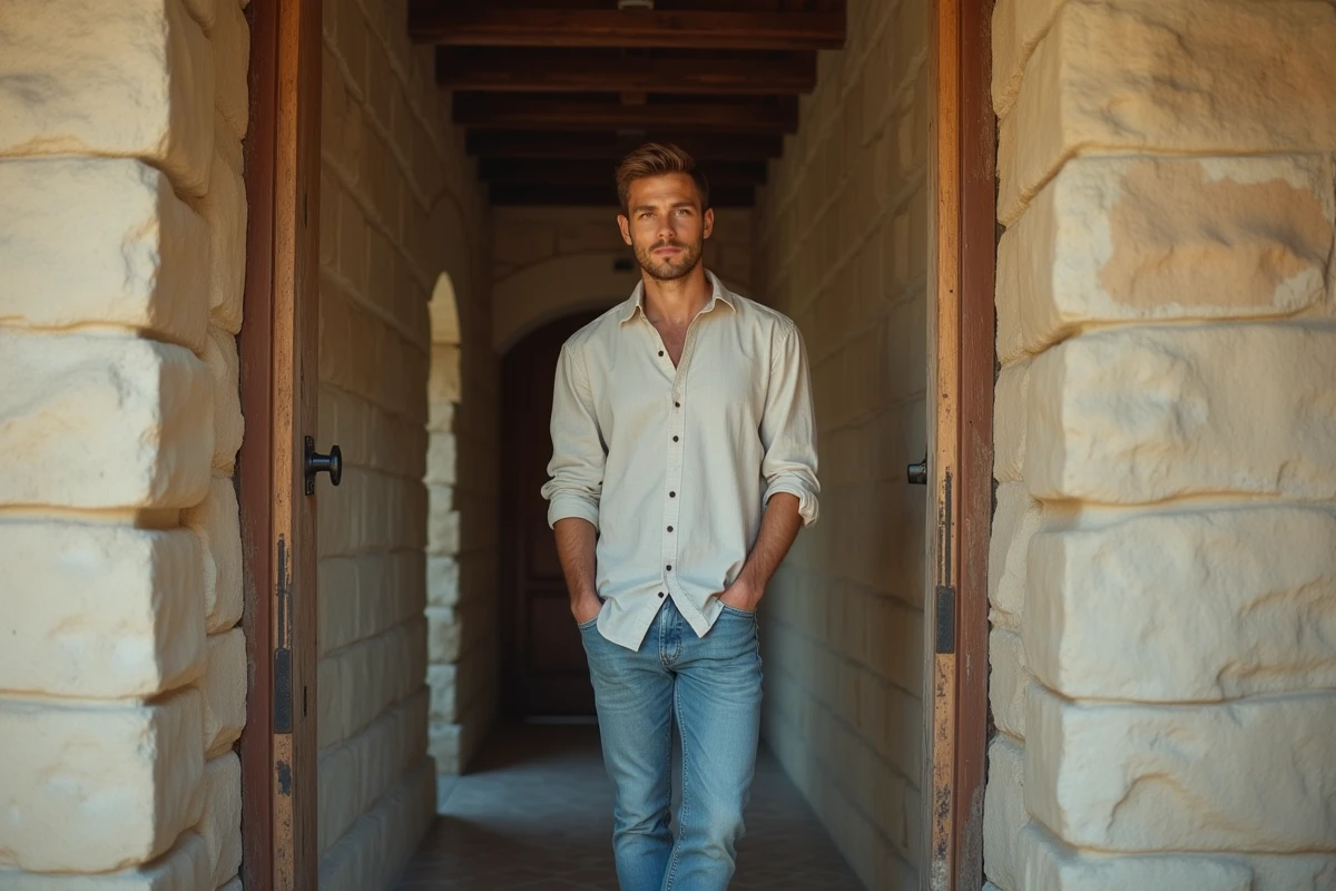 Jeune homme en linen dans une ferme provençale
