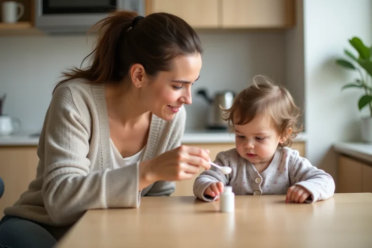 Maman donne un médicament à son enfant dans la cuisine