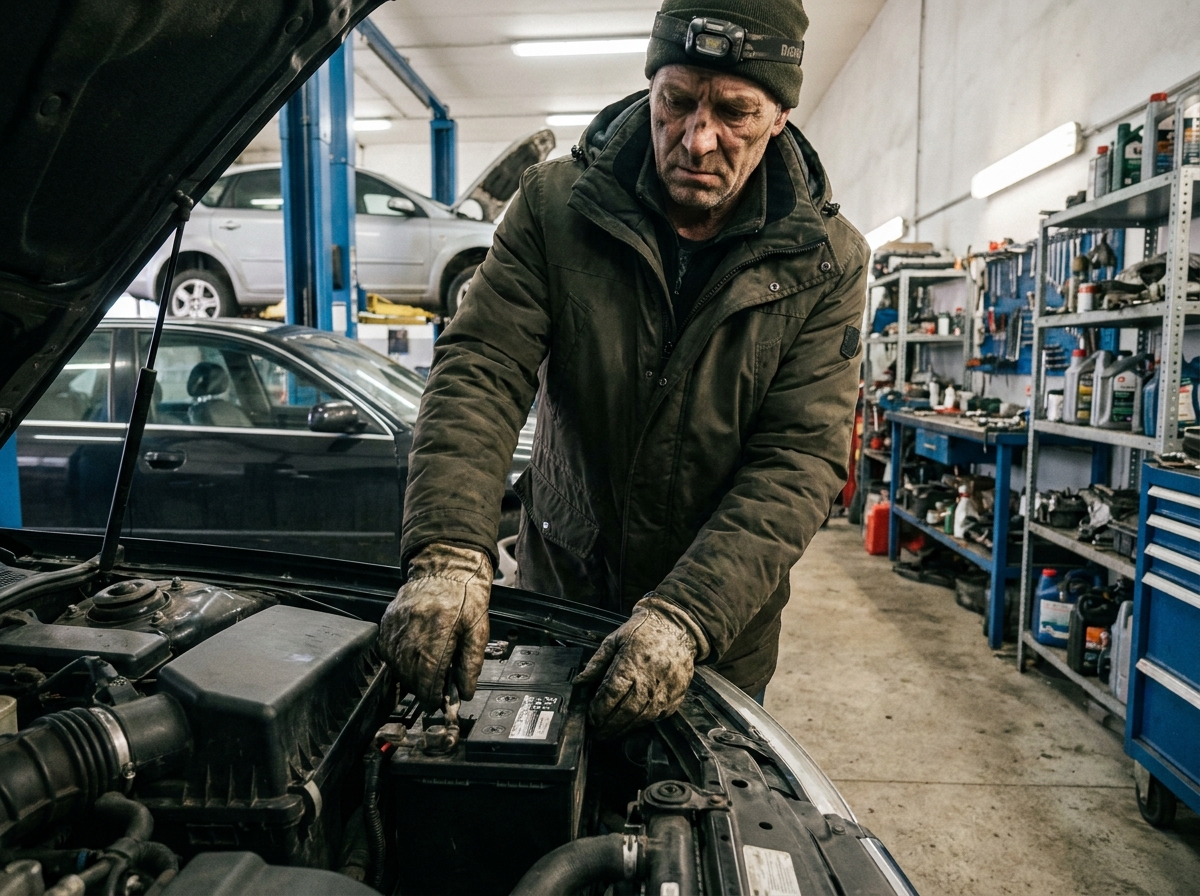 Mécanicien retirant une batterie de voiture dans un garage automobile en hiver