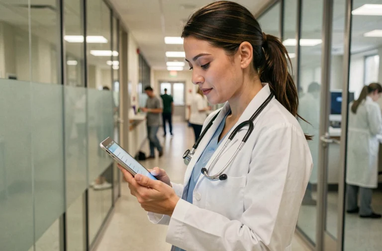 Médecin femme consultant une tablette numérique dans un couloir d'hôpital moderne, innovations en santé numérique