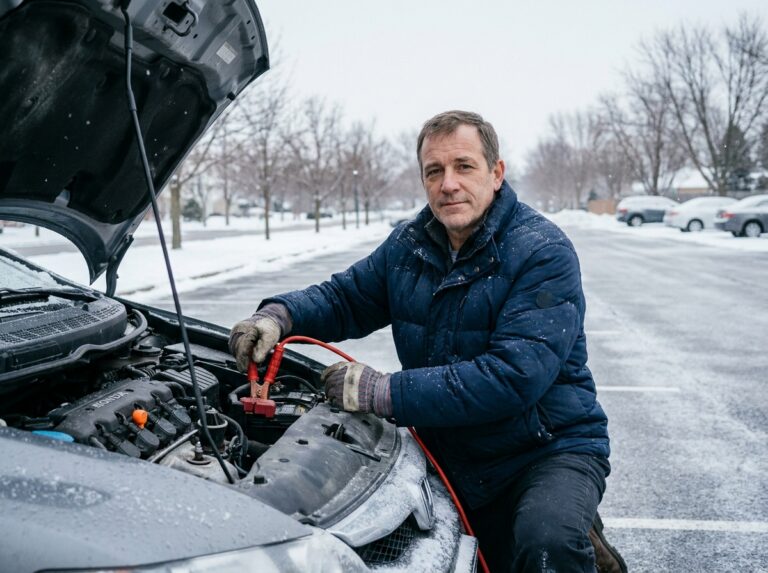Homme en veste d'hiver branchant des câbles de démarrage sur une batterie de voiture dans un parking enneigé