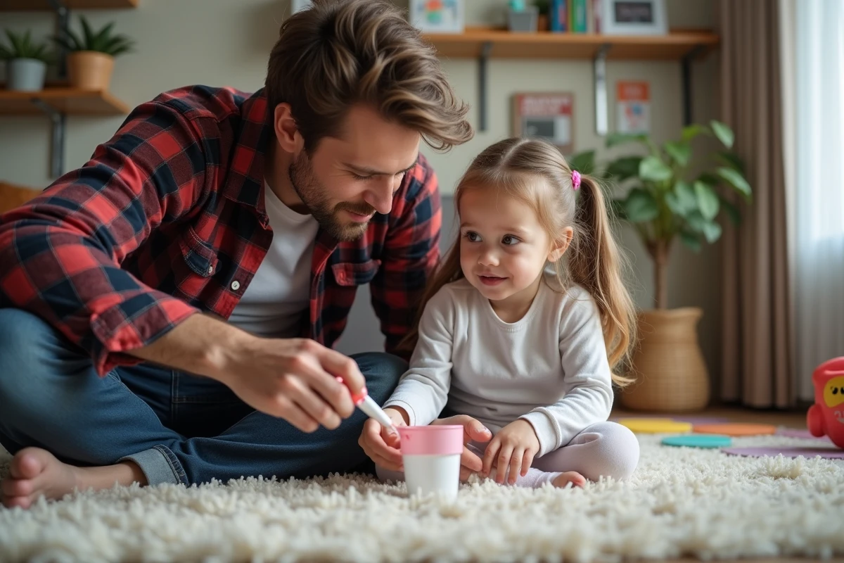 Papa donne un médicament à sa fille dans le salon