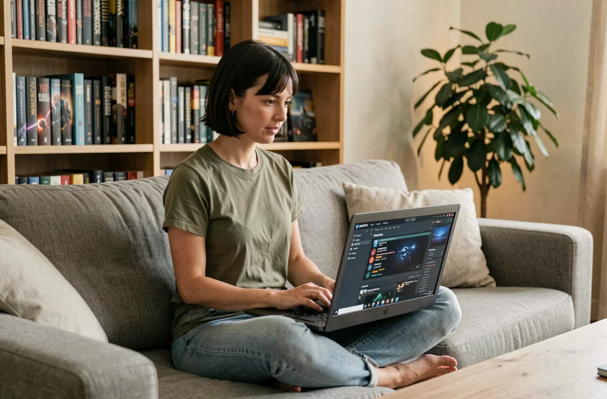 Femme parcourant un site de mods pour Starfield sur un laptop dans un salon moderne et cosy