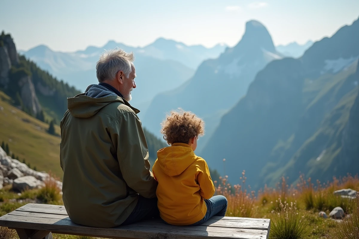 Homme et enfant admirant la vue montagne