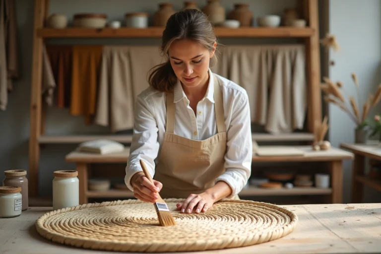 Femme appliquant de la peinture sur un tapis en jonc de mer dans un atelier artisanal