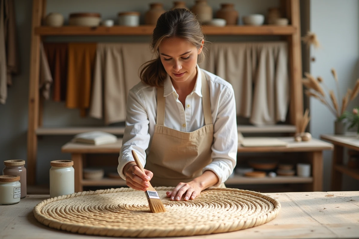 Femme appliquant de la peinture sur un tapis en jonc de mer dans un atelier artisanal