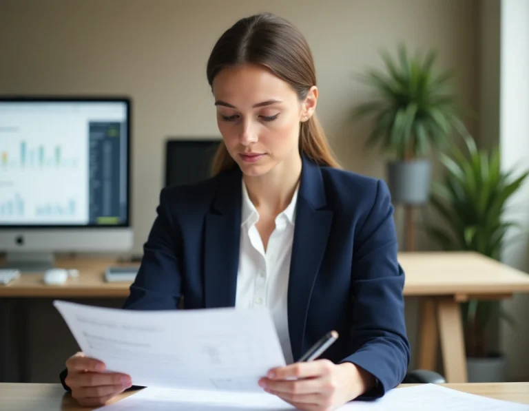 Professionnelle en blazer marine consultant la grille de salaire CCN 51 dans un bureau administratif moderne