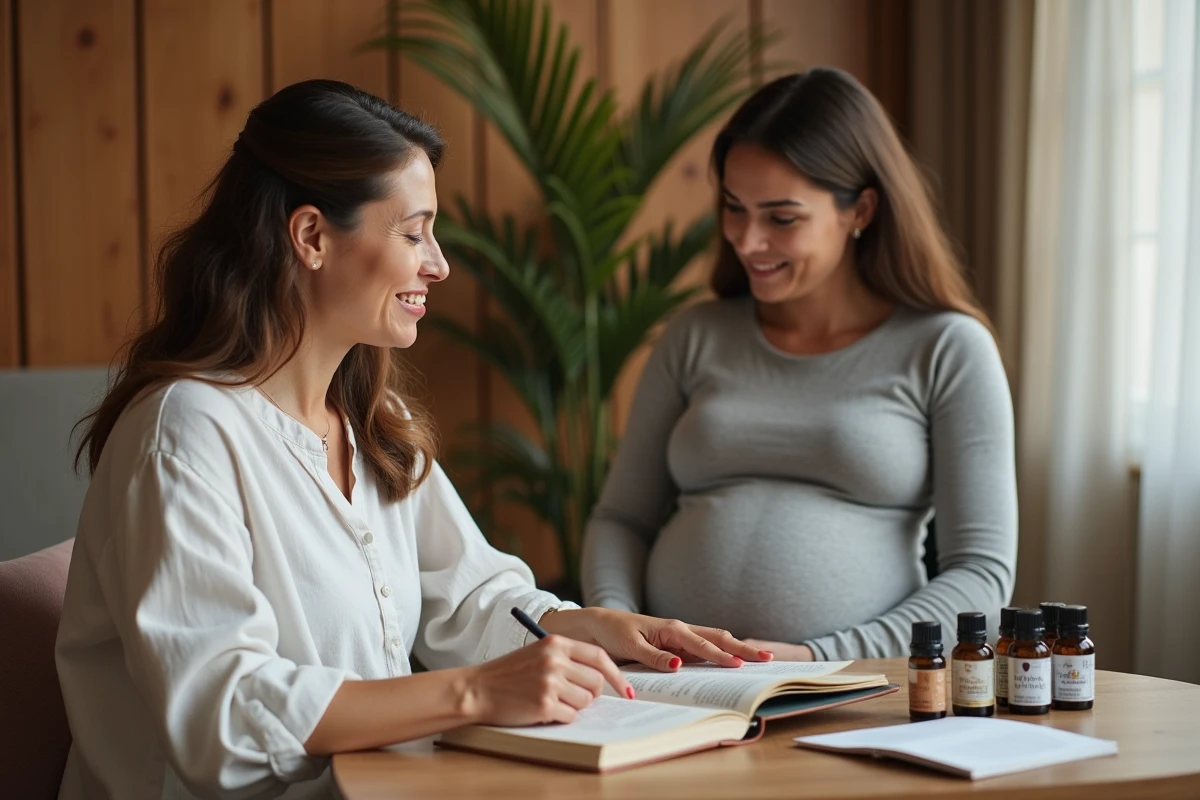 Sage-femme conseillant une femme enceinte sur l'utilisation des huiles essentielles