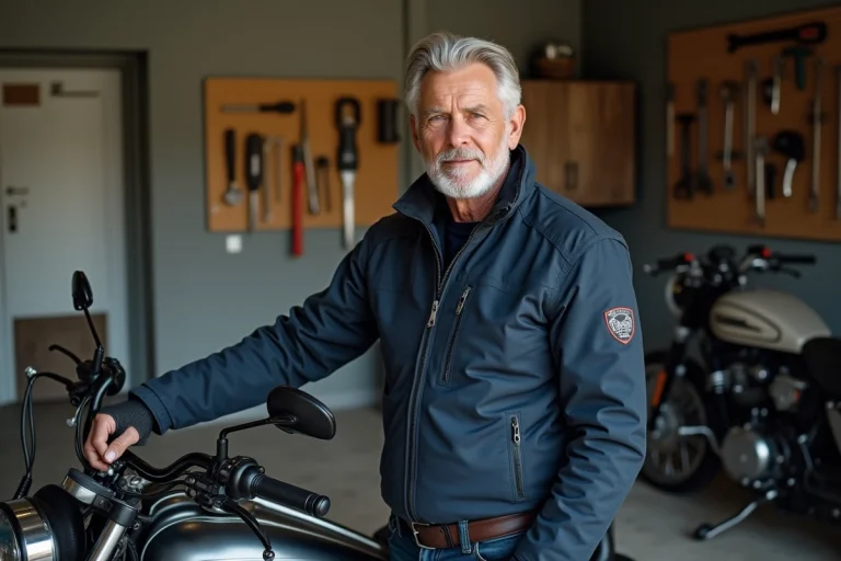 Homme de 60 ans en veste moto textile debout à côté d'une moto cruiser à faible hauteur de selle dans un garage
