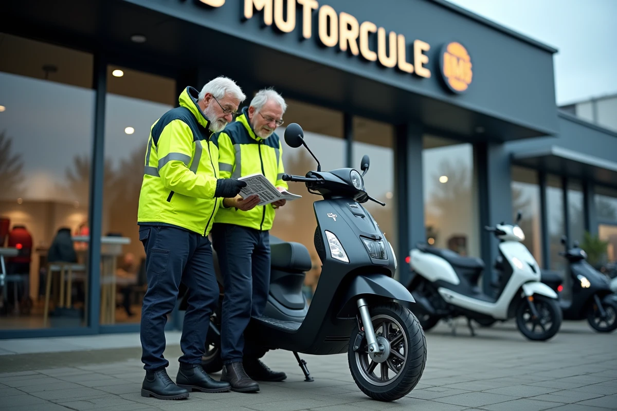 Deux hommes seniors en veste moto jaune comparant des modèles de scooters devant une concession moto