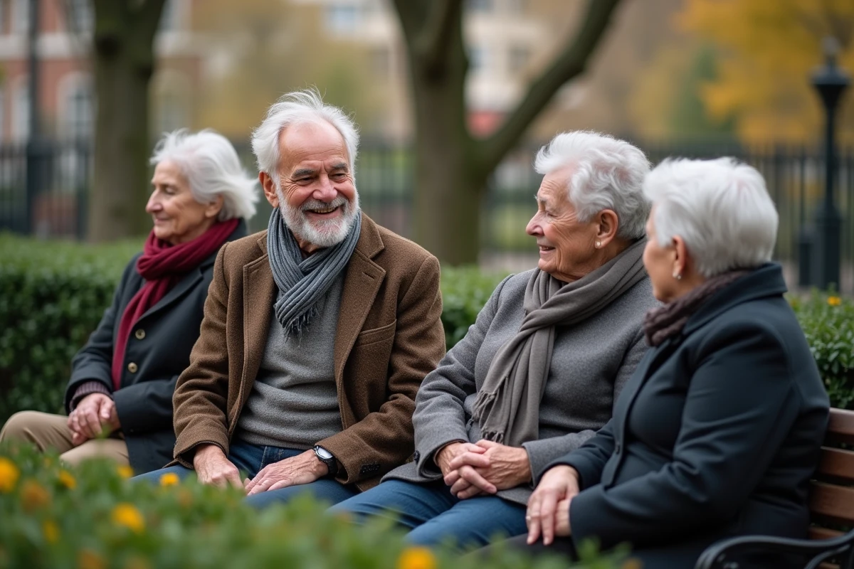 Groupe de seniors discutant sur un banc dans un jardin urbain
